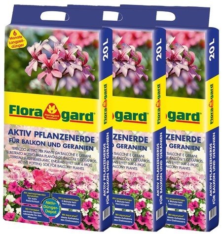 Floragard Aktiv Pflanzenerde für Balkon und Geranien 3 x 20L