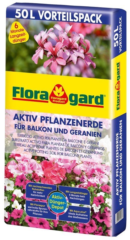 Floragard Aktiv Pflanzenerde Vorteilspack für Balkon u. Geranie 50L